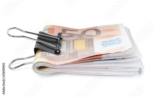 50 Euro banknotes with clip isolated on white. Money exchange