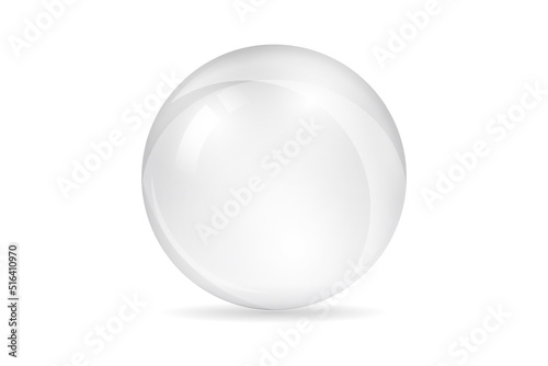 White transparent glass ball. Realistic sphere with shadow isolated on white background. Mockup template for your design. 3d ball or orb. Concept for advertising or presentation.