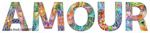Word AMOUR. Vector zentangle object for decoration