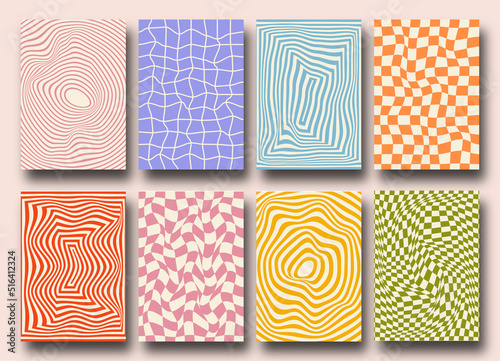 Vector set of Groovy hippie 70s backgrounds. Checkerboard, chessboard, mesh, waves patterns. Twisted and distorted vector texture in trendy retro psychedelic style. Y2k aesthetic. photo