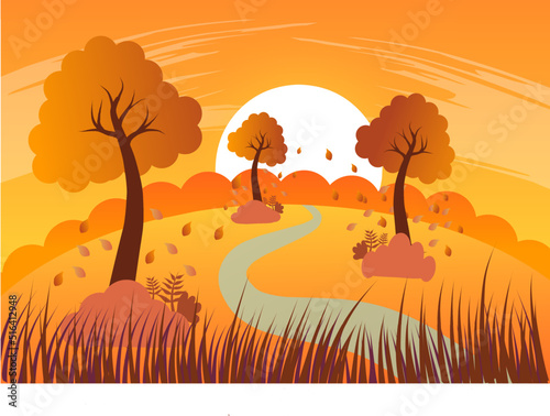 Panoramic countryside in autumn season vector illustration with some trees and orange meadow. Fall landscape background