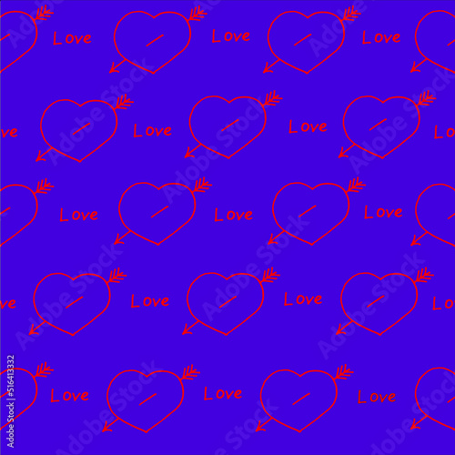 Hearts with an arrow drawn red marker on very peri paper with inscription love. Valentine's day concept. Hearts background. Neon seamless pattern with heart.