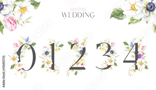 Watercolor Spring Easter Floral Number set - digit 2 with spring flowers,tulip,anemone. Floral element for invitation, easter, baby shower, birthday, table number, new baby is turning card, greetings photo