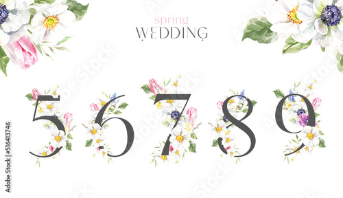 Watercolor Spring Easter Floral Number set - digit 2 with spring flowers,tulip,anemone. Floral element for invitation, easter, baby shower, birthday, table number, new baby is turning card, greetings photo