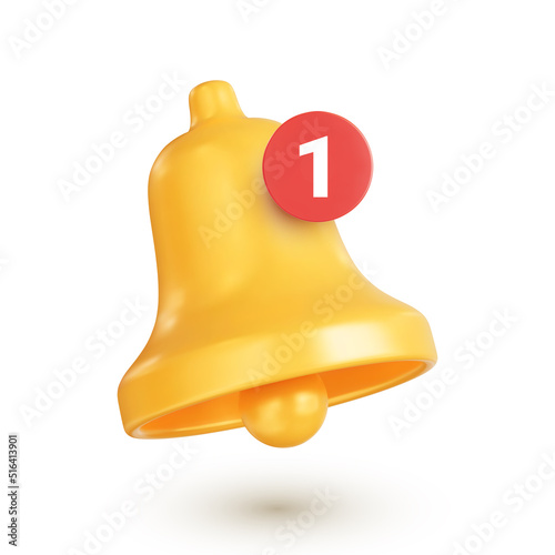 Notification bell icon with notification counter. Realistic golden bell, concept of a new message notification in social media, instant messengers or email. 3d vector illustration on white background