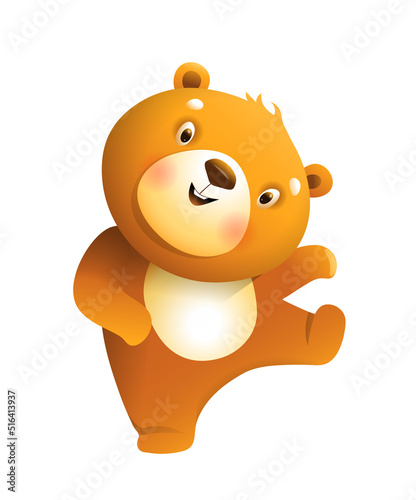 Funny baby teddy bear dancing, cute animal illustration for kids. Children cartoon of adorable happy smiling bear, isolated vector clipart.