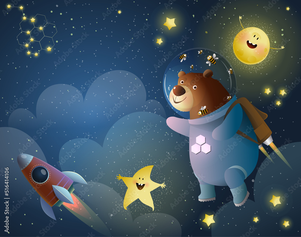 Teddy Bear astronaut with stars and sun or moon and rocket in cosmos, cute childish animal cartoon for kids. Cosmos and outer space adventure for children. Vector animals in space illustration.