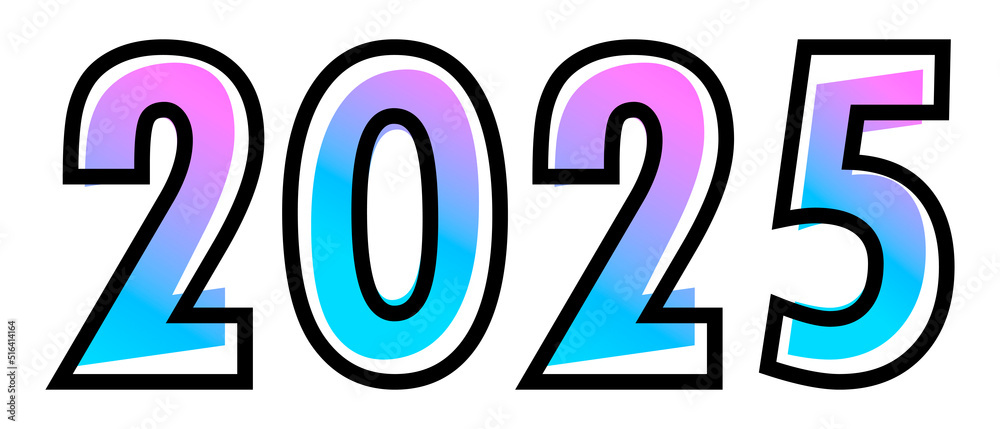 New Year 2025 design text with blue-purple gradient color and black outline New Year 2025 design text with blue-purple gradient color and black outline
