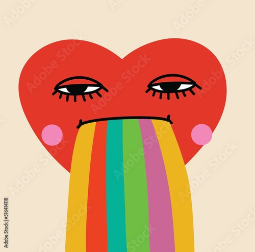 Retro love crazy and smeared heart smiley face. Hippie groovy smile character vector set. Valentine day concept.