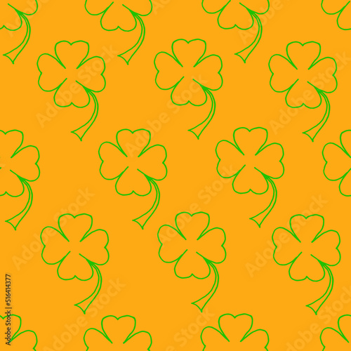 Beautiful background of clover drawn with a green marker on orange paper. Seamless nature pattern. Print for bed linen. Saint Patrick s day concept. St. Patrick s background. 