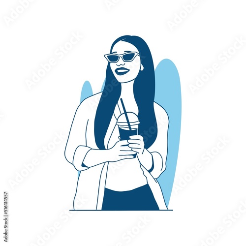 flat style vector illustration a beautiful girl enjoy drinking bubble tea boba