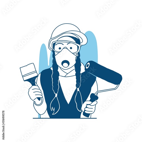 illustration a beautiful girl painter profession paint job. Girl with roller for paint while working