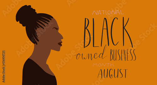 Black owned business month August lettering. African american portrait illustration. Visibility promotion banner template photo