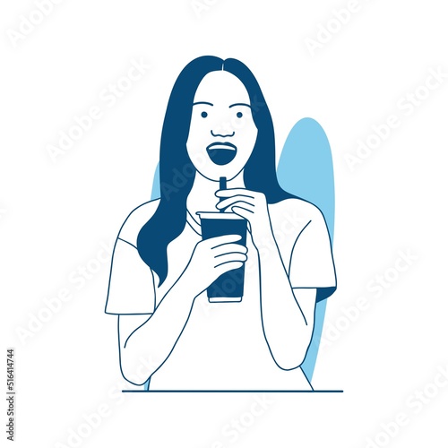 flat style vector illustration beautiful girl enjoy drinking bubble tea boba