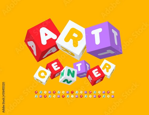 Vector modern poster Art Center. Colorful blocks Alphabet Letter and Numbers. 3D playful Font