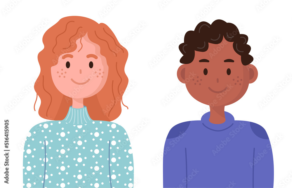 Cute two happy children. Face portrait of kids couple, girl and boy, smiling friends of different race. Interracial school students, pupils, classmates together. Flat vector illustration isolated Cute two happy children. Face portrait of kids couple, girl and boy, smiling friends of different race. Interracial school students, pupils, classmates together. Flat vector illustration isolated