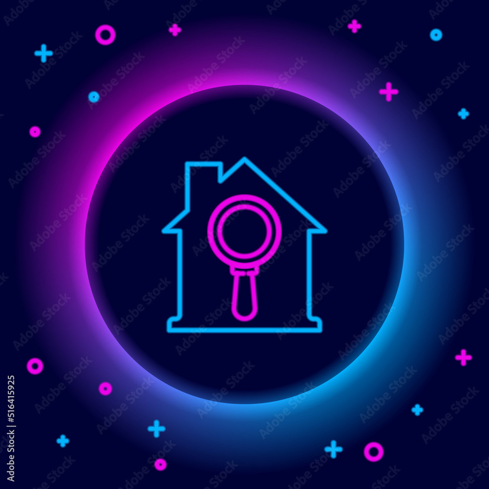 Glowing neon line Search house icon isolated on black background. Real estate symbol of a house under magnifying glass. Colorful outline concept. Vector