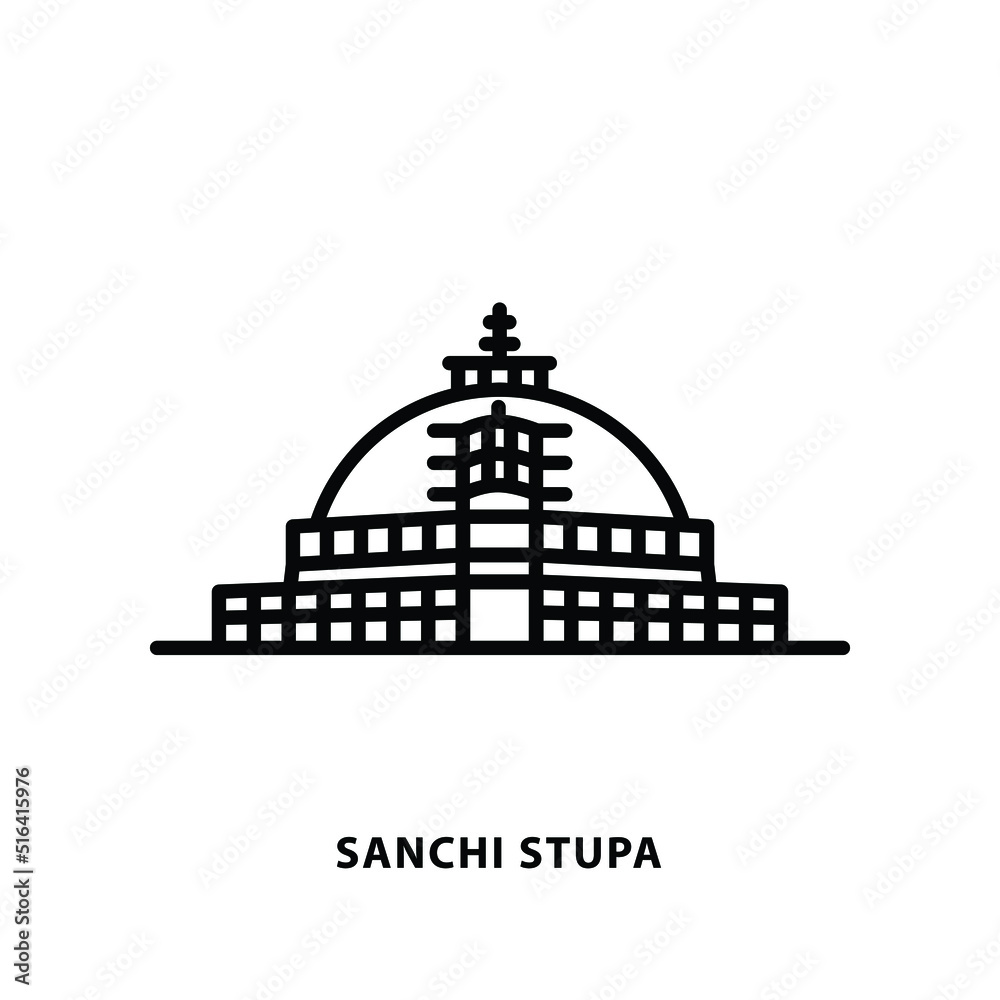 Indian city icon - Sanchi Stupa, Sanchi - Madhya Praesh - Line art.	