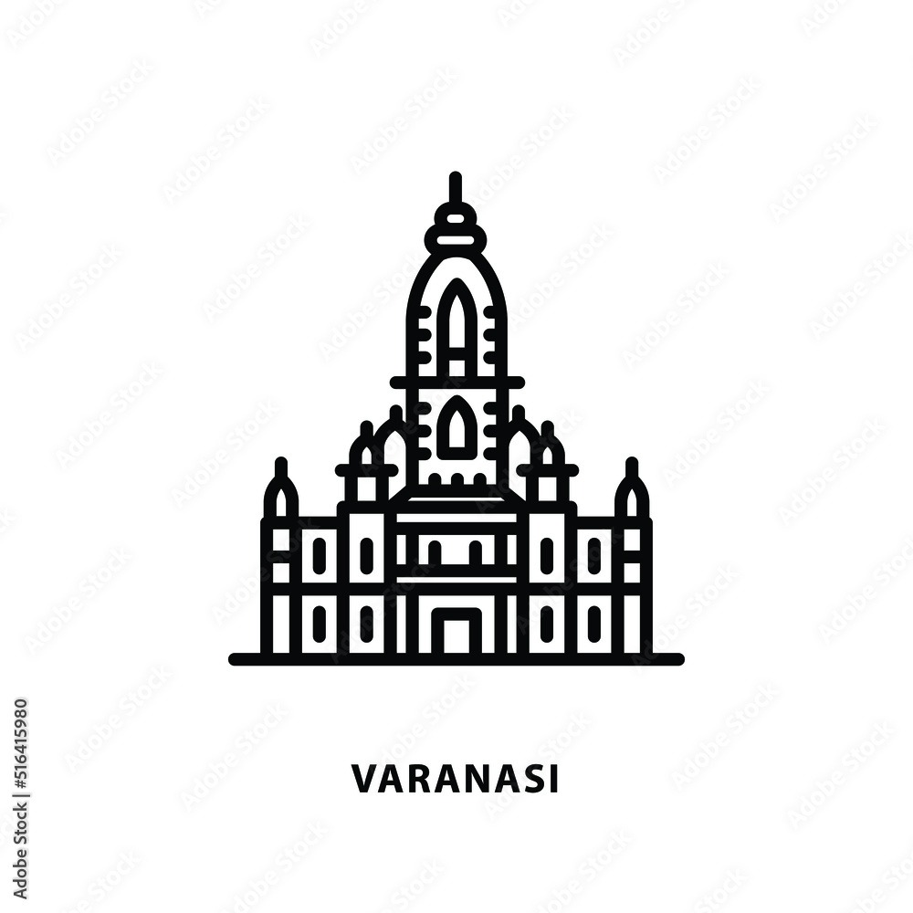 Indian city icon - Viswanath Temple, Varanasi - Uttar Pradesh - Line art.	