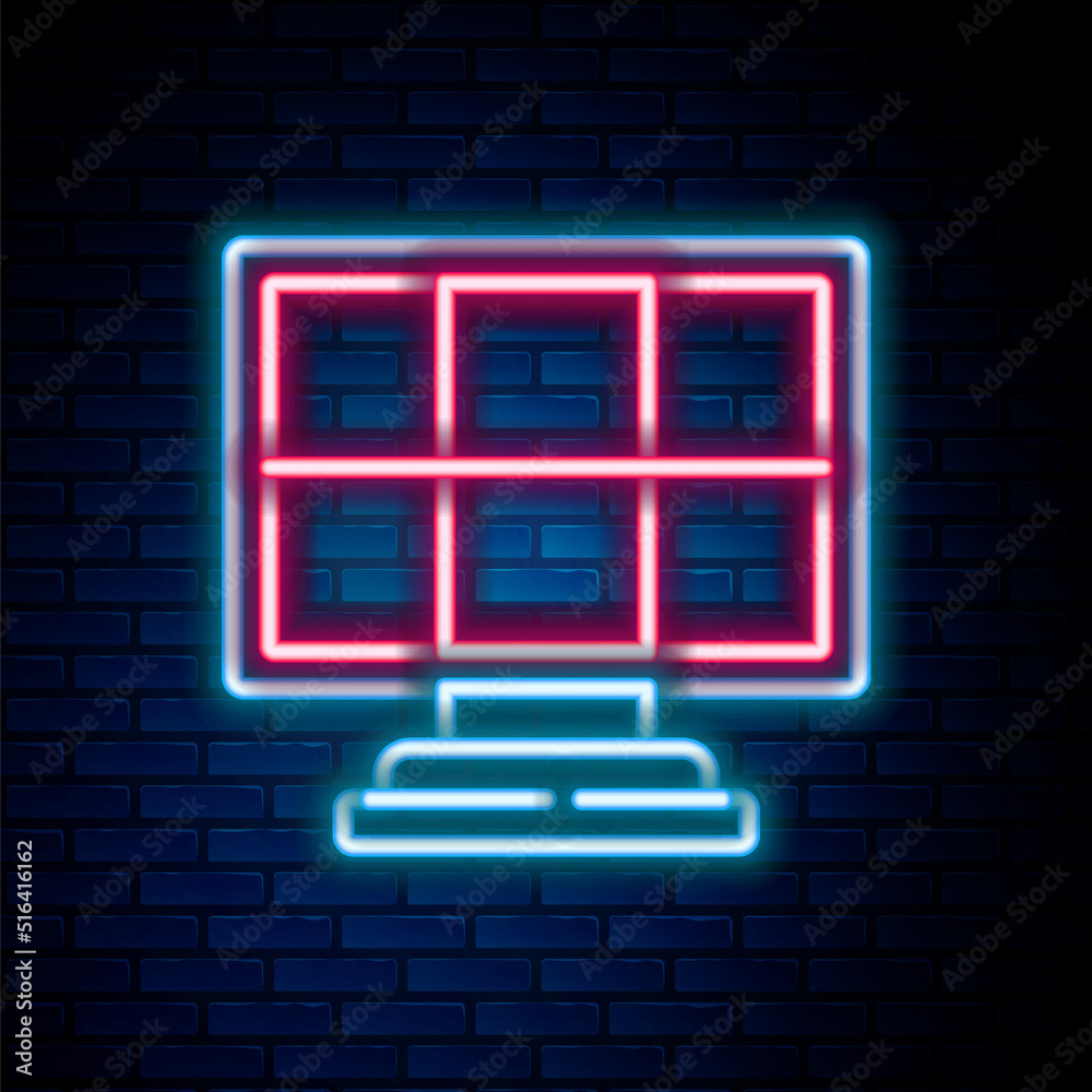 Glowing neon line Solar energy panel icon isolated on brick wall background. Colorful outline concept. Vector Glowing neon line Solar energy panel icon isolated on brick wall background. Colorful outline concept. Vector