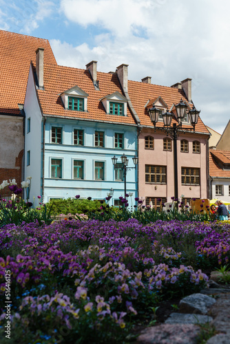 Houses in downtown Riga, Latvia, with flowers in the foreground © Thomas Hassler
