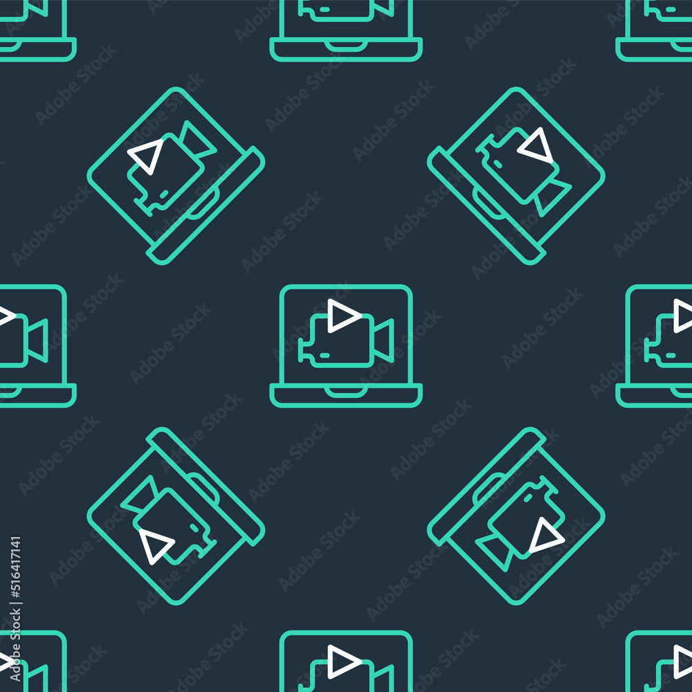 Line Online play video icon isolated seamless pattern on black background. Film strip with play sign. Vector