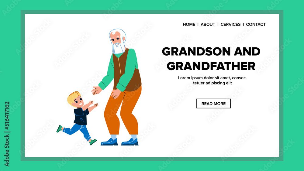Grandson And Grandfather Family Meeting Vector. Happy Grandson And Grandfather Happy For See, Child Running To Elderly Man For Embracing. Characters Grand Parent And Kid Web Flat Cartoon Illustration