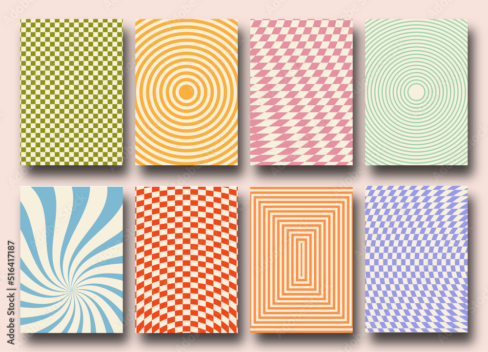 Vector set of Groovy hippie 70s backgrounds. Checkerboard, chessboard, mesh, waves patterns. Twisted and distorted vector texture in trendy retro psychedelic style. Y2k aesthetic.