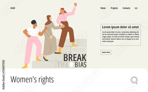  Flat vector illustration with group of women of different nationalities advocating for women's rights. Concept of gender equal or women's equality. International women's day.