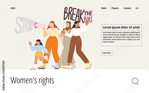  Flat vector illustration with group of women of different nationalities advocating for women's rights. Concept of gender equal or women's equality. International women's day.