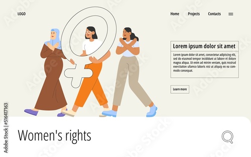Flat vector illustration with group of women of different nationalities advocating for women's rights. Concept of gender equal. International women's day or women's history month.