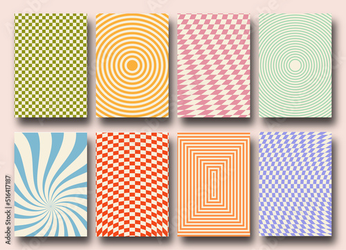 Vector set of Groovy hippie 70s backgrounds. Checkerboard, chessboard, mesh, waves patterns. Twisted and distorted vector texture in trendy retro psychedelic style. Y2k aesthetic.