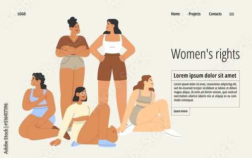  Flat vector illustration with group of women of different nationalities stand up for women's rights. Concept of gender equal. International women's day or women's history month.