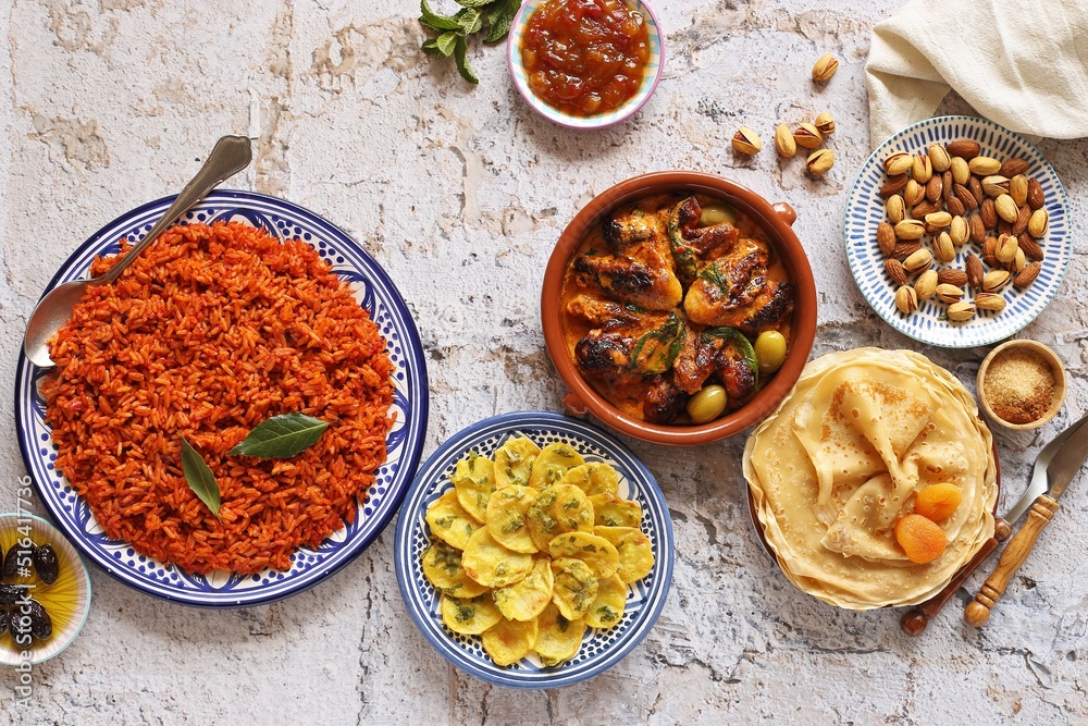 Jollof Rice. Potato Bhaja. Chicken Curry. Traditional African dishes ...