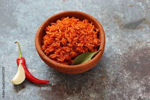 Jollof Rice. Traditional Nigerian spicy rice dish. National Jollof Rice day.