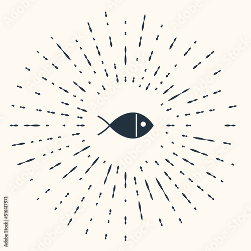 Grey Christian fish symbol icon isolated on beige background. Jesus fish symbol. Abstract circle random dots. Vector Illustration