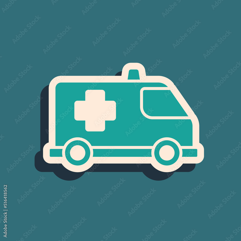 Green Ambulance and emergency car icon isolated on green background. Ambulance vehicle medical evacuation. Long shadow style. Vector. Green Ambulance and emergency car icon isolated on green background. Ambulance vehicle medical evacuation. Long shadow style. Vector.