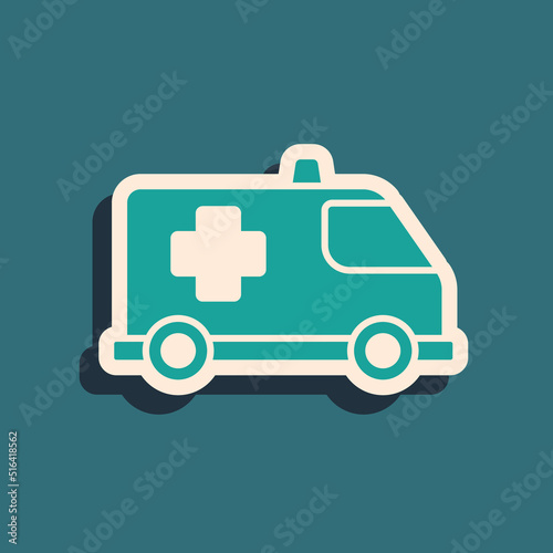 Green Ambulance and emergency car icon isolated on green background. Ambulance vehicle medical evacuation. Long shadow style. Vector.