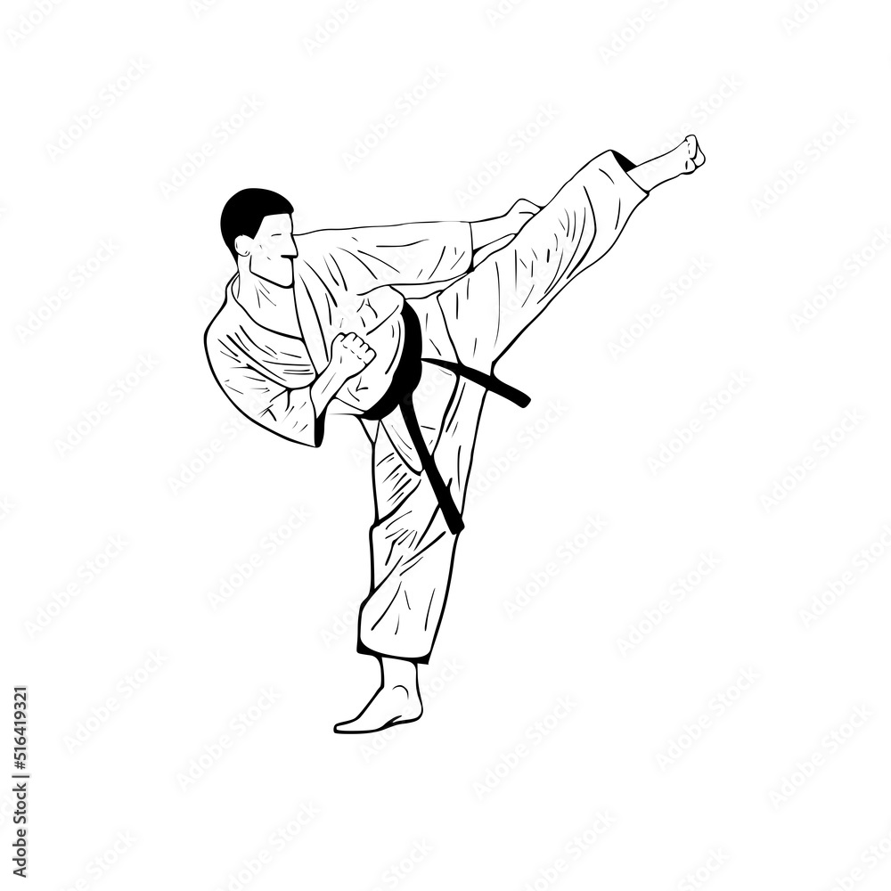 Karate Kämpfer Tritt Outline Zeichnung Stock Illustration | Adobe Stock