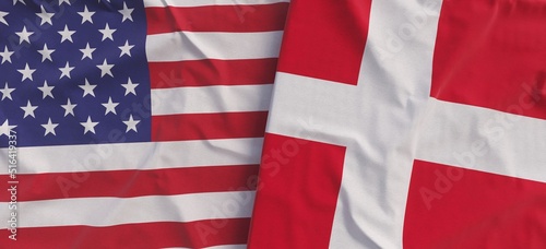 Flags of USA and Denmark. Linen flag close-up. Flag made of canvas. United States of America. Danish. State national symbols. 3d illustration