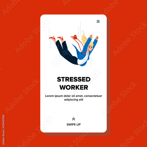 Stressed Worker Lady Falling Down In Career Vector. Stressed Worker Woman Downfall, Business Financial Or Professional Problem. Character Businesswoman Flying Web Flat Cartoon Illustration