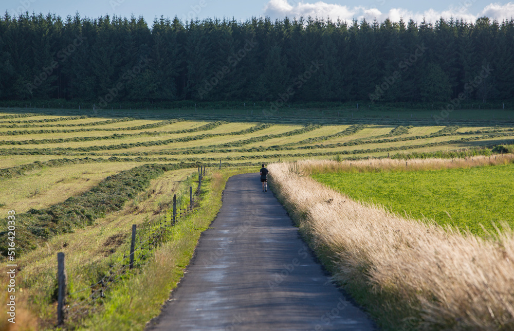 lonely jogger in belgian countryside in province of namur near forest oncountry road