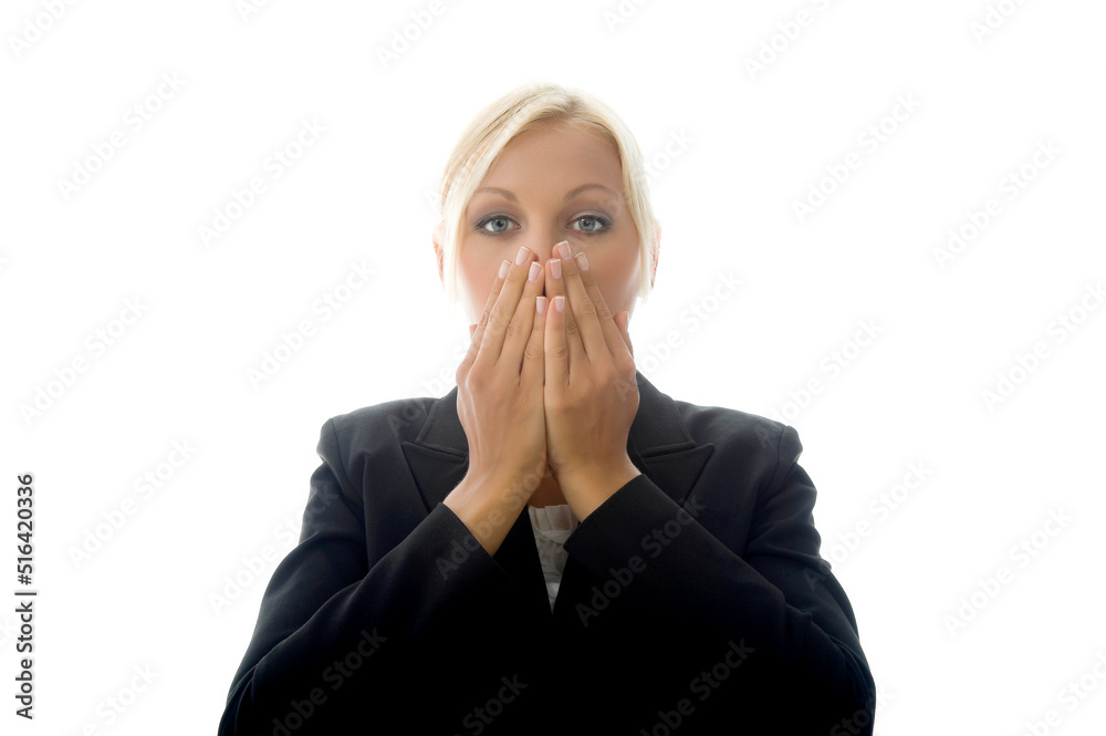 Businesswoman is Making Speak No Evil Expression on White Businesswoman is Making Speak No Evil Expression on White