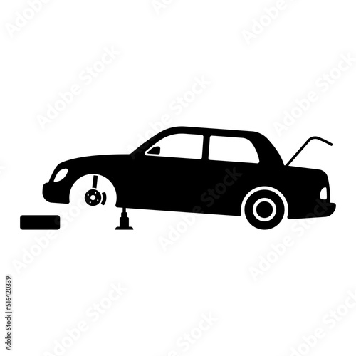Car icon. Transport repair. Wheel replacement. Jack, spare wheel. Black silhouette. Side view. Vector simple flat graphic illustration. Isolated object on a white background. Isolate.