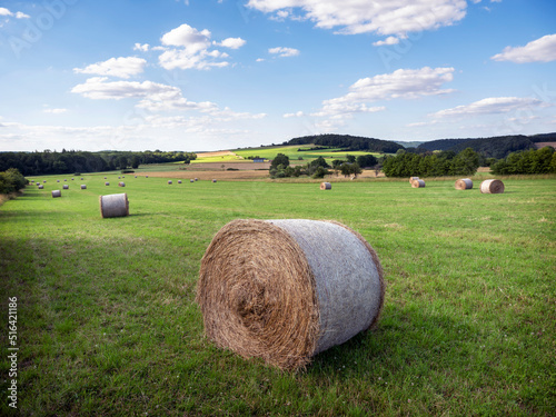 countryside landscape of belgian ardennes region near han sur lesse and rochefort with hay bales under blue sky photo