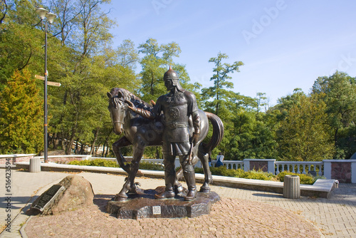 Monument to Dobrynya Nikitich with a horse in Drevlyanskiy park in Korosten, Ukraine