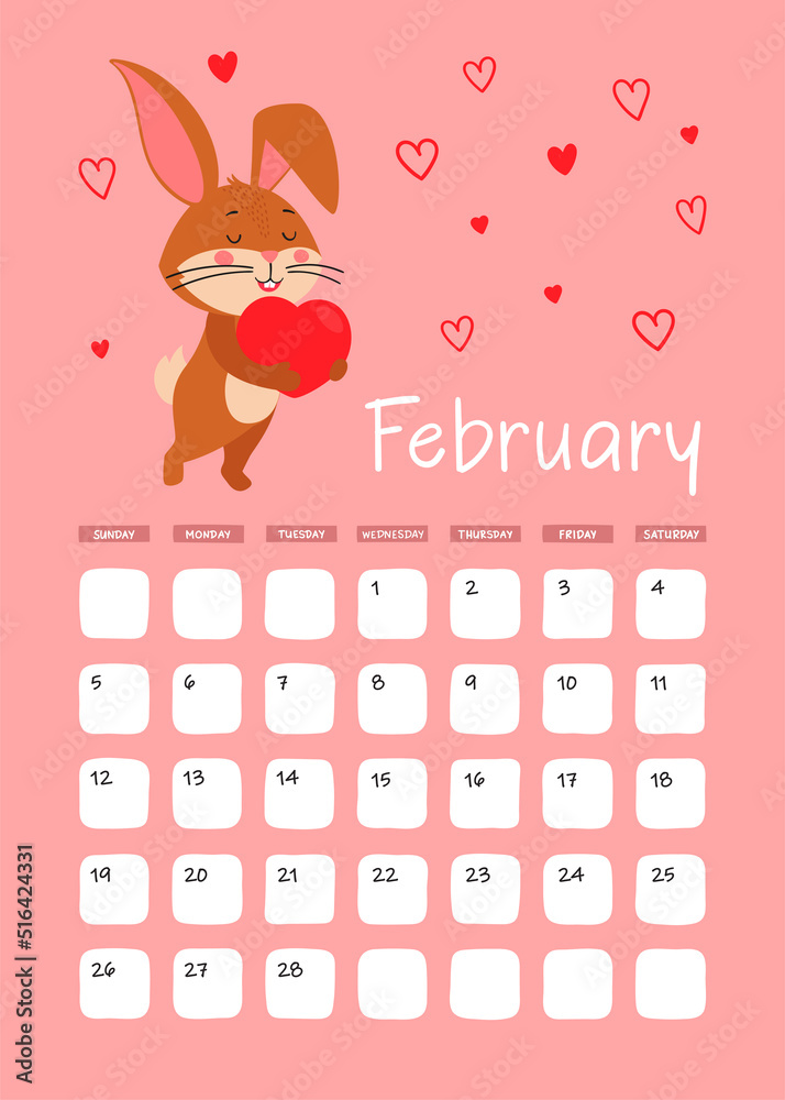 Obraz premium A3 Page of the wall calendar for February 2023. Cute brown rabbit or Bunny with heart, symbol of the year 2023 according to the Eastern or Chinese calendar. Vector stock ready-to-print template.