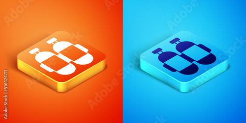 Isometric Aqualung icon isolated on orange and blue background. Oxygen tank for diver. Diving equipment. Extreme sport. Diving underwater equipment. Vector