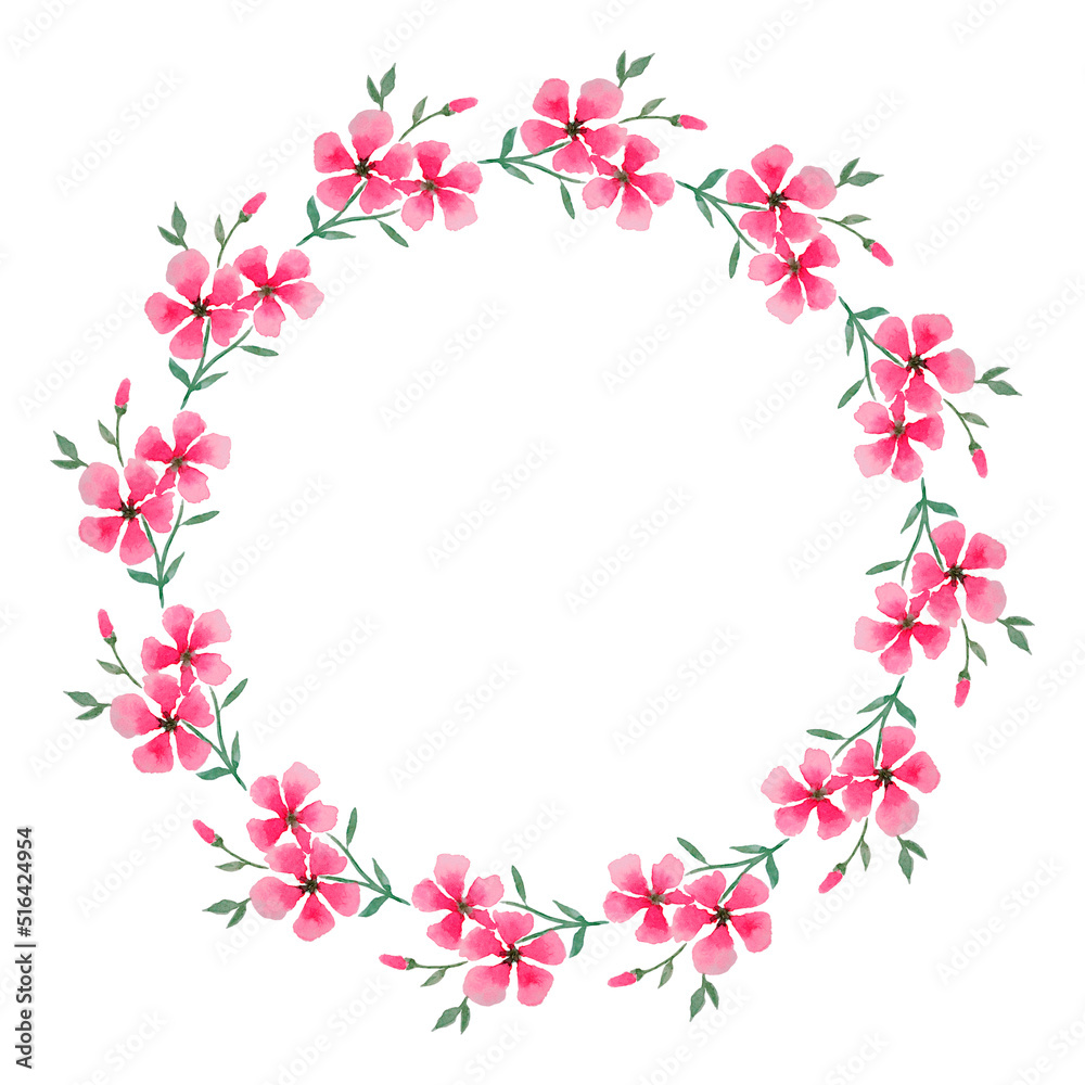 Frame of watercolor pink flowers on a white background. Frame of watercolor pink flowers on a white background.