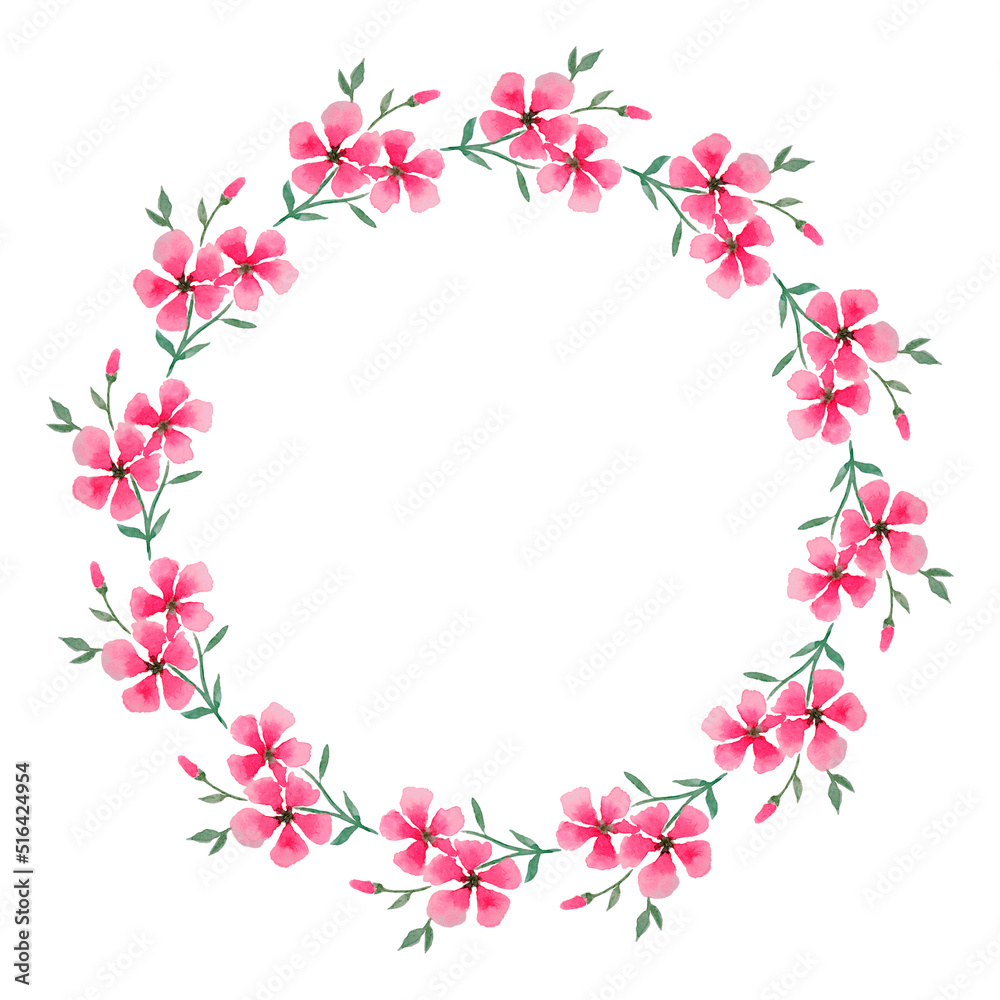 Frame of watercolor pink flowers on a white background.